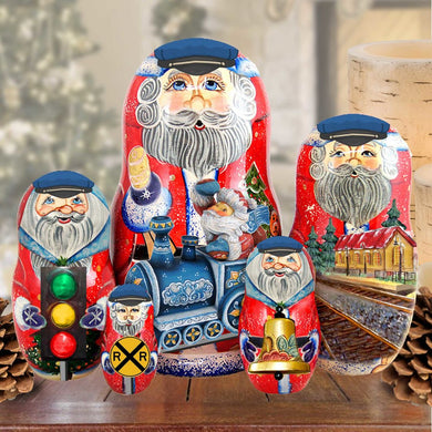 Train Ride Santa Stocking Doll Nesting dolls made from linden wood - are the perfect gift for friends and family. Hand-Painted matryoshka dolls are collectible handcrafted classic Christmas art 110085