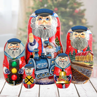 Train Ride Santa Stocking Doll Nesting dolls made from linden wood - are the perfect gift for friends and family. Hand-Painted matryoshka dolls are collectible handcrafted classic Christmas art 110085