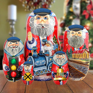 Train Ride Santa Stocking Doll Nesting dolls made from linden wood - are the perfect gift for friends and family. Hand-Painted matryoshka dolls are collectible handcrafted classic Christmas art 110085