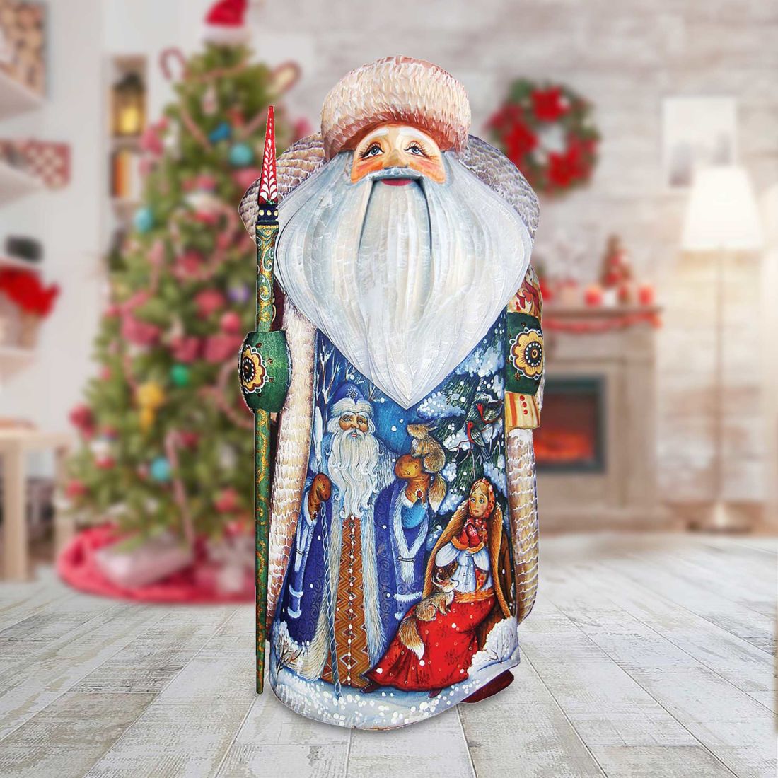 American-Style Snowman Santa Wood Carved Figurine by G. Debrekht | Christmas Santa Snowman Décor - 8208013