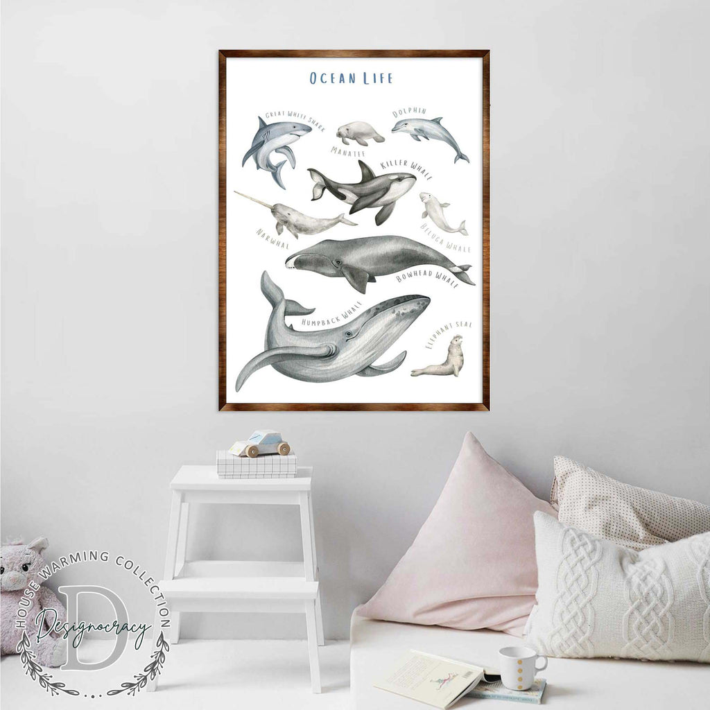 Ocean Animals Wooden Kids Room Décor - First day of school gift - Homeschool I Montessori wooden Educational Poster - Classroom Décor - Playroom Art - 310216