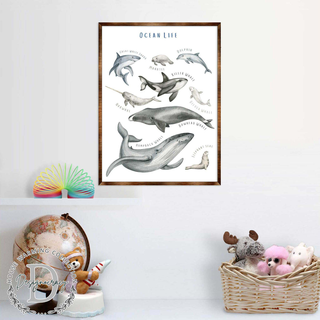 Ocean Animals Wooden Kids Room Décor - First day of school gift - Homeschool I Montessori wooden Educational Poster - Classroom Décor - Playroom Art - 310216