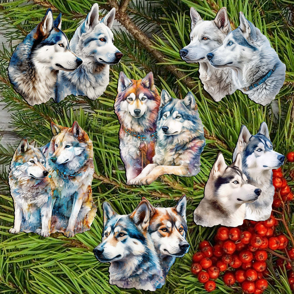 The Graceful Huskies Clip-On Eco Wood Decorative Ornaments Set of 6 by G. Debrekht - Wildlife Décor - 8090115C-S6
