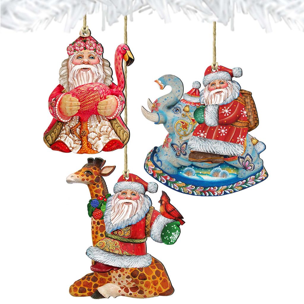 Safari Santa Wooden Ornaments Set of 3 by G. DeBrekht - Christmas Santa Snowman Décor - 8100004S3