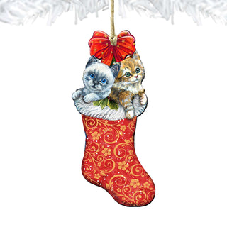 Kitty Cats Christmas Stocking Wooden Ornaments by G. DeBrekht - Christmas Santa Snowman Decor - 8114021