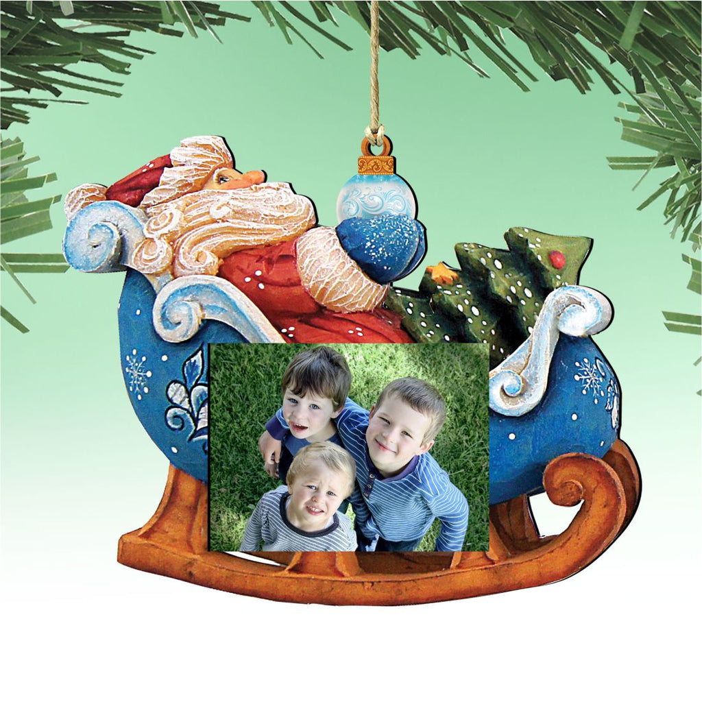 Santa on Sleigh Ornament Picture Frame - Ornament for Photo by Designocracy - Christmas Santa Snowman Décor - 8112046-PF