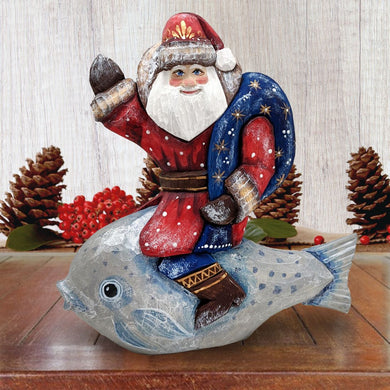Treasure Fish Santa Woodcarved Figurine Unique hand carvings made from Linden wood. Fine details and beautiful artwork. Hand-Painted by world-renowned artists, limited edition collectibles. 820011