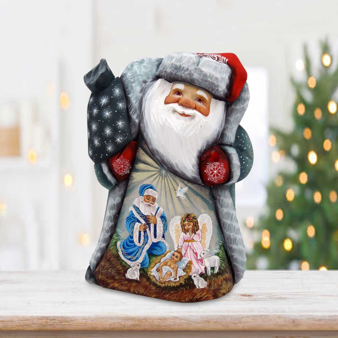 American-Style Snowman Santa Wood Carved Figurine by G. Debrekht | Christmas Santa Snowman Décor - 8208013