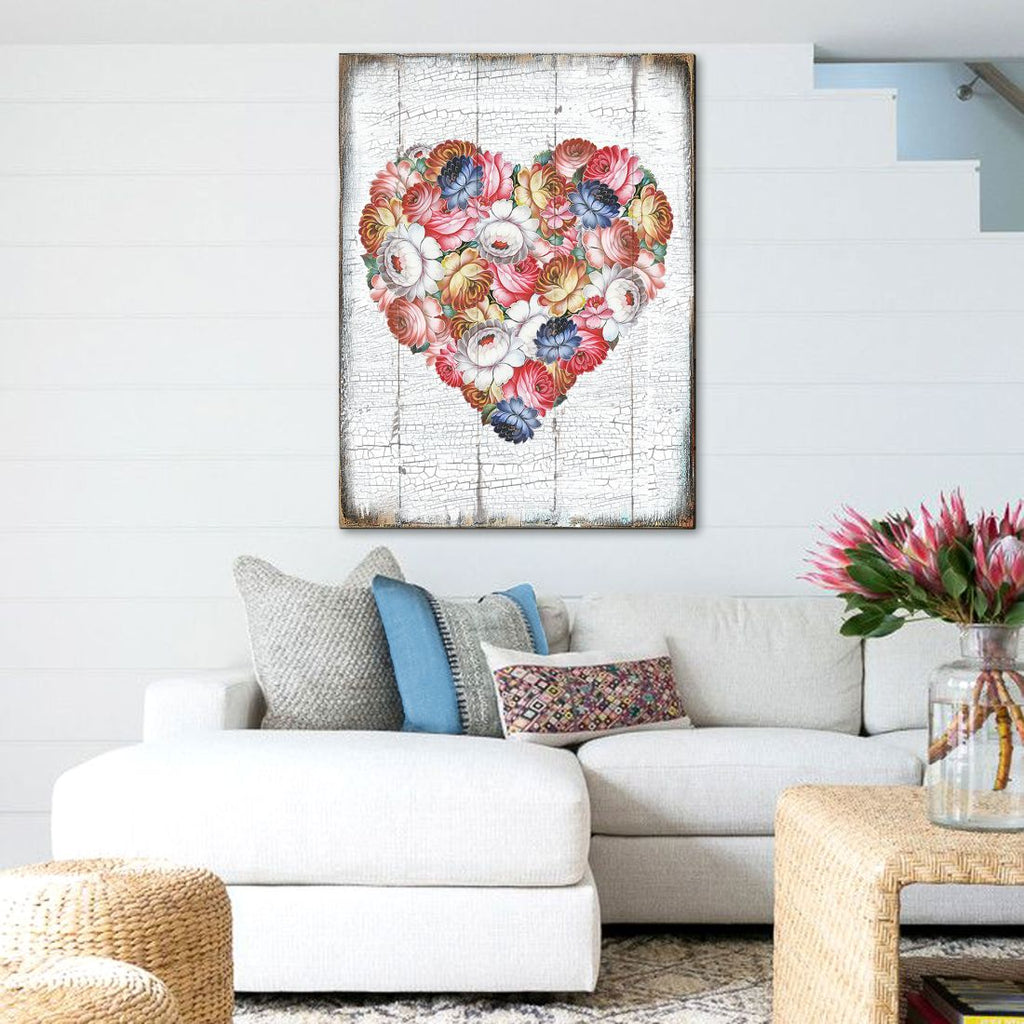 Floral Rustic Wooden Wall Décor Solid wood blocks-handmade in the USA - bedroom, living room, kitchen wall art. Multi-layer painting, robust colors. Unique designs from world-famous artists 85103B-08