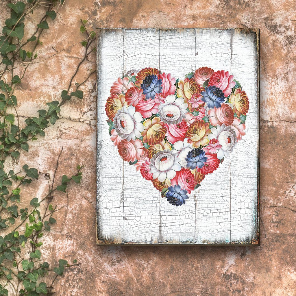 Floral Rustic Wooden Wall Décor Solid wood blocks-handmade in the USA - bedroom, living room, kitchen wall art. Multi-layer painting, robust colors. Unique designs from world-famous artists 85103B-08