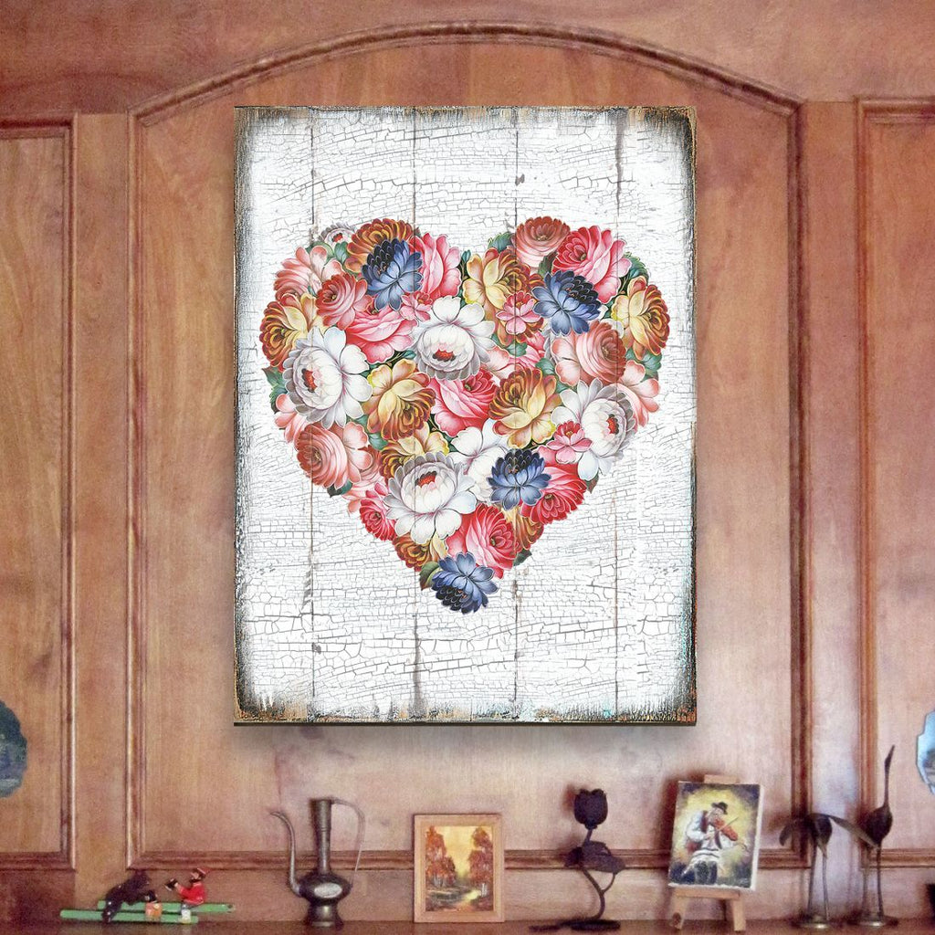 Floral Rustic Wooden Wall Décor Solid wood blocks-handmade in the USA - bedroom, living room, kitchen wall art. Multi-layer painting, robust colors. Unique designs from world-famous artists 85103B-08