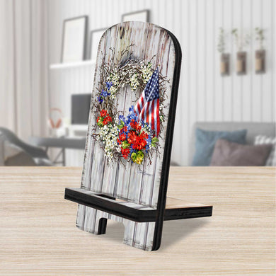 American Wreath Cell Phone Stand Wood Mobile Tablet Holder Charging Station Organizer - 892098-DG