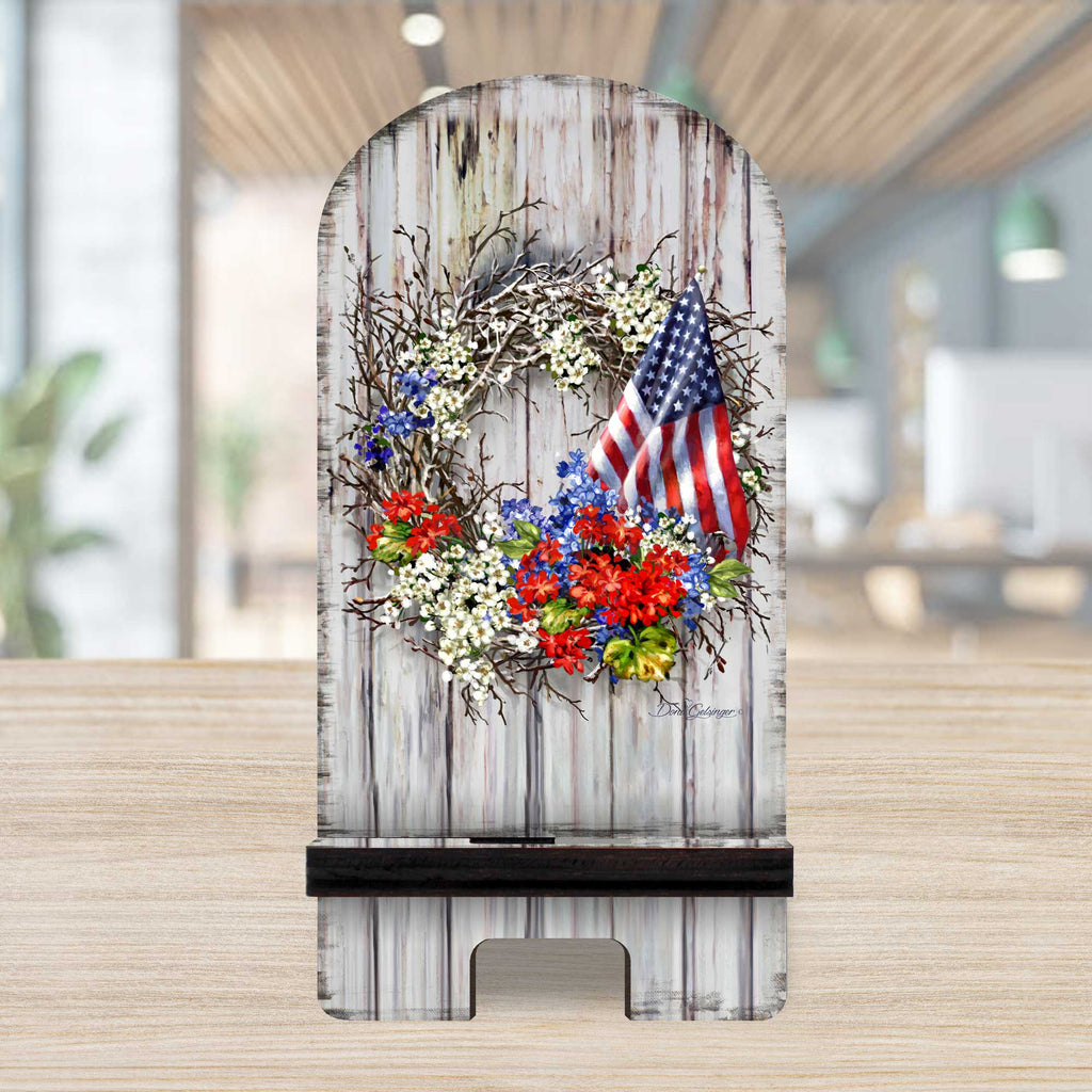 American Wreath Cell Phone Stand Wood Mobile Tablet Holder Charging Station Organizer - 892098-DG