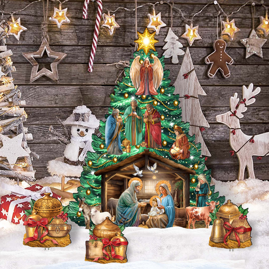 Nativity-Themed Christmas Tree Set Outdoor Indoor Décor Wooden Christmas Decoration by G. Debrekht Christmas Décor - 8191503-3F-G