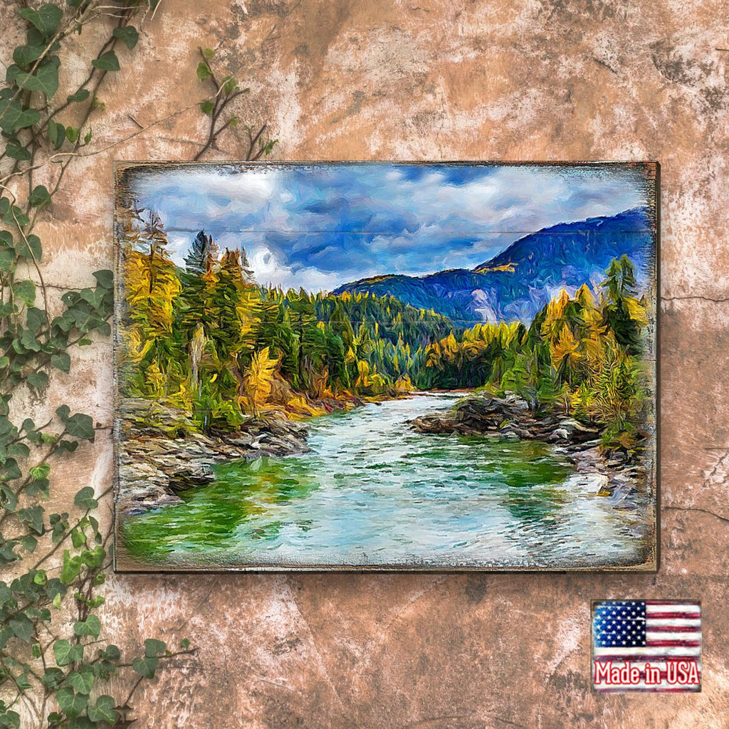 Forest River Wall Home Décor Solid wood blocks-handmade in the USA - bedroom, living room, kitchen wall art. Multi-layer painting, robust colors. Unique designs from world-famous artists 95246B-08