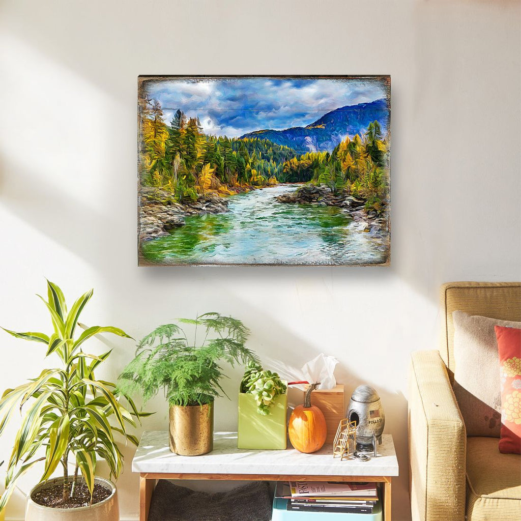 Forest River Wall Home Décor Solid wood blocks-handmade in the USA - bedroom, living room, kitchen wall art. Multi-layer painting, robust colors. Unique designs from world-famous artists 95246B-08