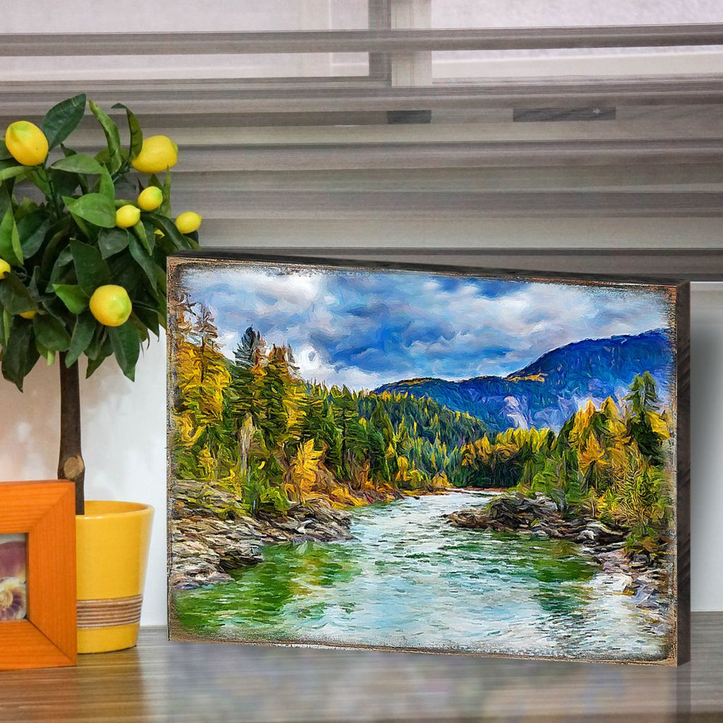 Forest River Wall Home Décor Solid wood blocks-handmade in the USA - bedroom, living room, kitchen wall art. Multi-layer painting, robust colors. Unique designs from world-famous artists 95246B-08