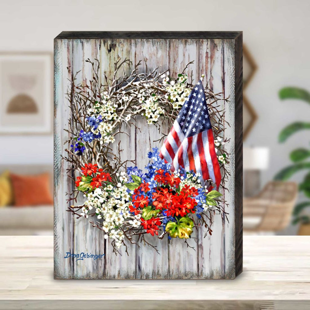 Patriotic American Wreath Wall Décor Solid wood blocks-handmade in the USA - bedroom, living room, kitchen wall art. Multi-layer painting, robust colors. Unique designs from world-famous artists 95609B-1716-08