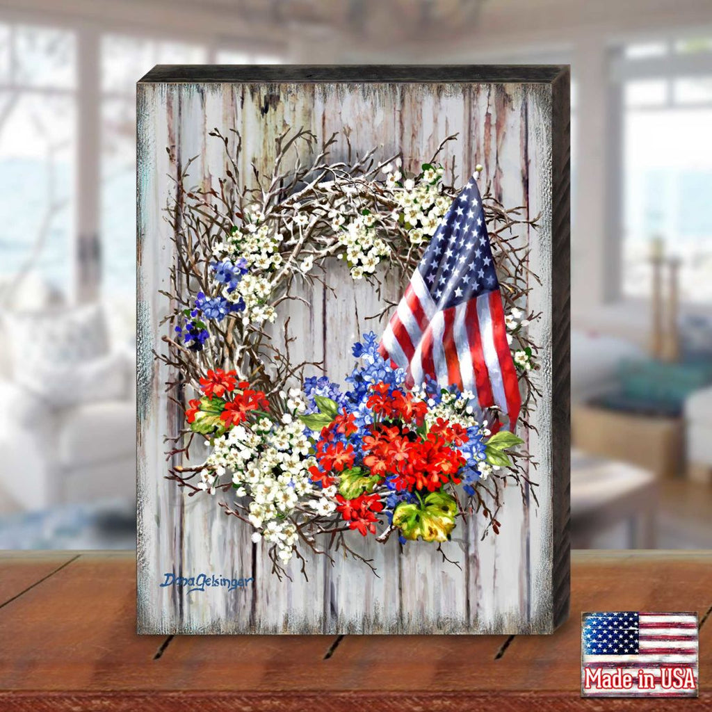 Patriotic American Wreath Wall Décor Solid wood blocks-handmade in the USA - bedroom, living room, kitchen wall art. Multi-layer painting, robust colors. Unique designs from world-famous artists 95609B-1716-08
