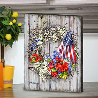 Patriotic American Wreath Wall Décor Solid wood blocks-handmade in the USA - bedroom, living room, kitchen wall art. Multi-layer painting, robust colors. Unique designs from world-famous artists 95609B-1716-08