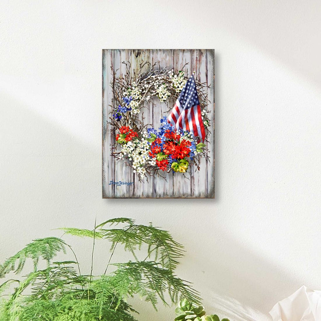 Patriotic American Wreath Wall Décor Solid wood blocks-handmade in the USA - bedroom, living room, kitchen wall art. Multi-layer painting, robust colors. Unique designs from world-famous artists 95609B-1716-08