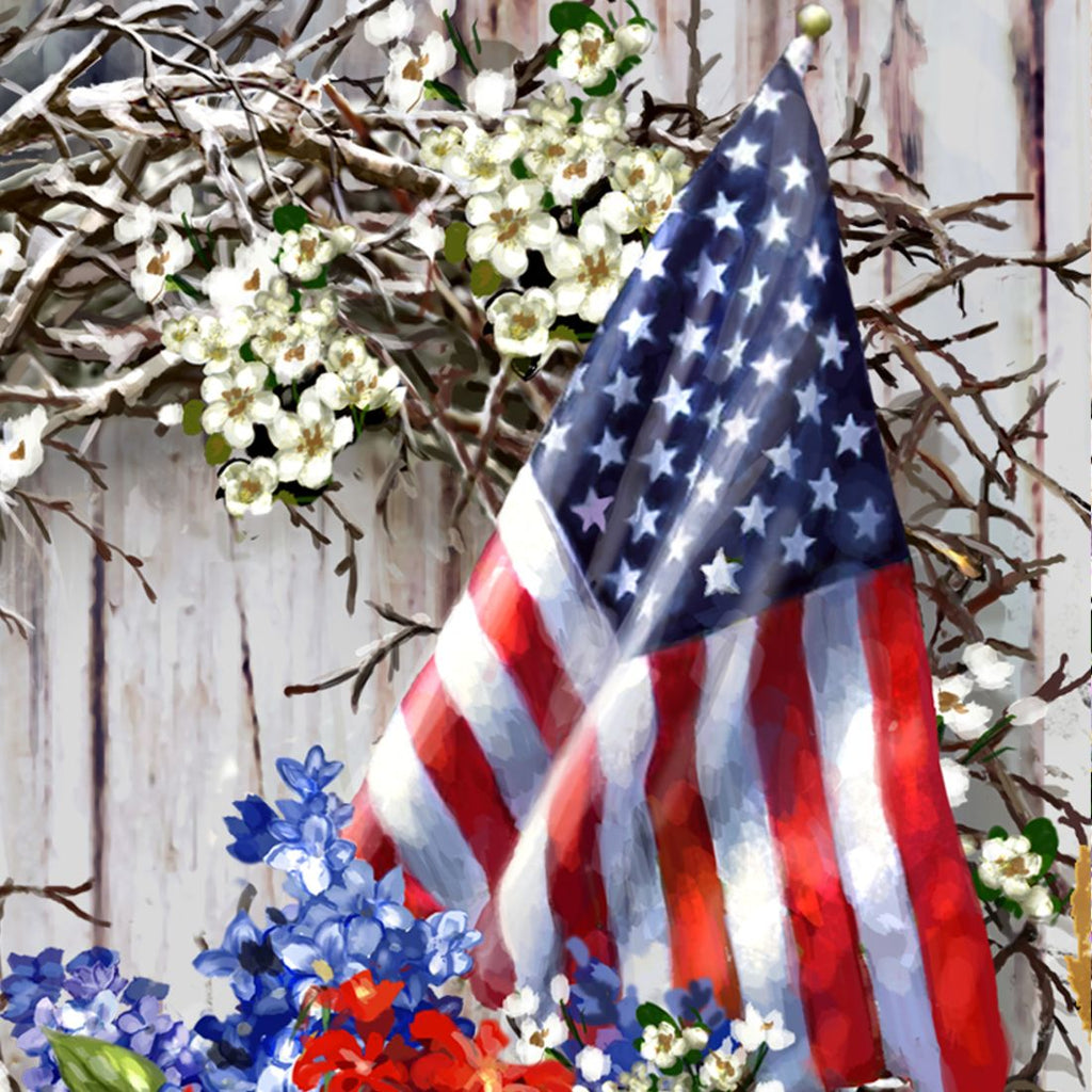 Patriotic American Wreath Wall Décor Solid wood blocks-handmade in the USA - bedroom, living room, kitchen wall art. Multi-layer painting, robust colors. Unique designs from world-famous artists 95609B-1716-08
