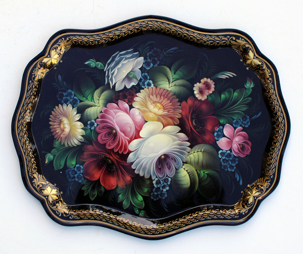 Authentic One-of-a-Kind Zhostovo Hand-Painted Metal Tray by Olga Koshkina 18x145 - Functional Kitchenware Table and Unique Wall Dcor