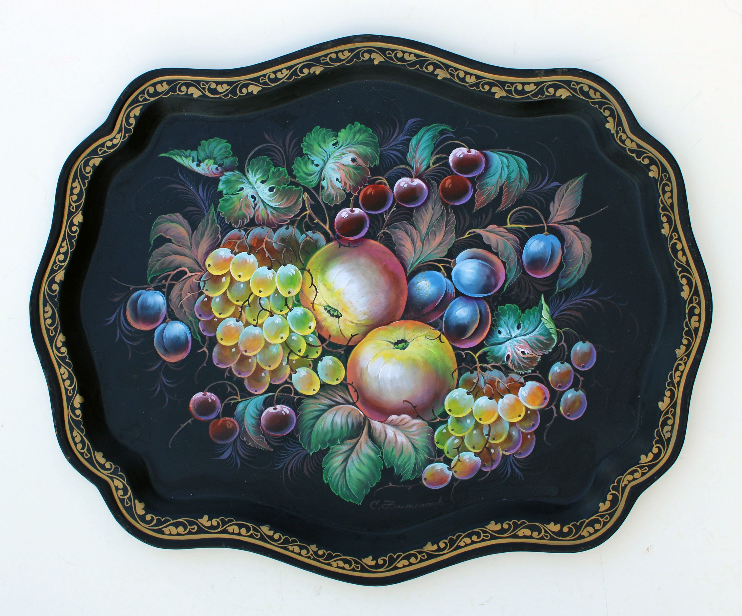 One of a Kind Authentic Zhostovo Hand-Painted Metal Tray by Sergey Filipov  18x14