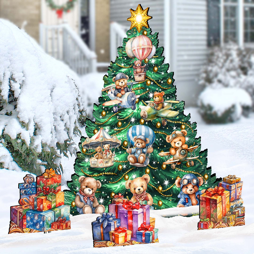 Teddy Bear-Themed Christmas Tree Set Outdoor Indoor Décor Wooden Christmas Decoration by G. Debrekht Christmas Décor - 8191508F-G