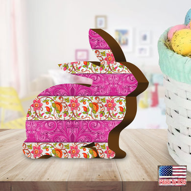 Quilted Pink Bunny Décorative Figurine Tabletop wooden blocks handmade in the USA. Decorative home and portable office art. Unique designs from world-renowned artists 8154426S