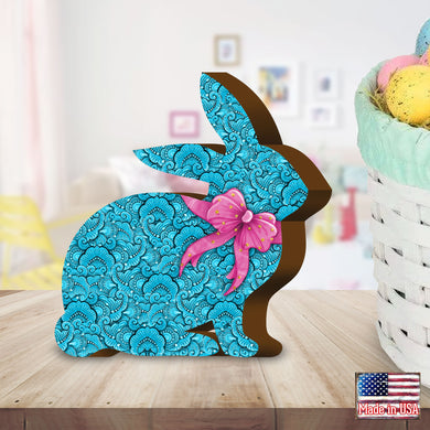 Quilted Blue Bunny Bow Figurine Tabletop wooden blocks handmade in the USA. Decorative home and portable office art. Unique designs from world-renowned artists 8154427S