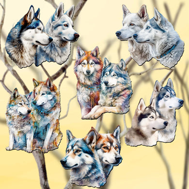 The Graceful Huskies Clip-On Eco Wood Decorative Ornaments Set of 6 by G. Debrekht - Wildlife Décor - 8090115C-S6