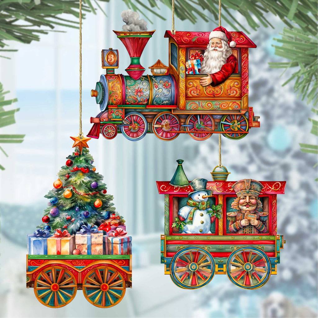 Santa's Train Wooden Ornaments Set of 3 by G. Debrekht - Christmas Décor - 8100202S3