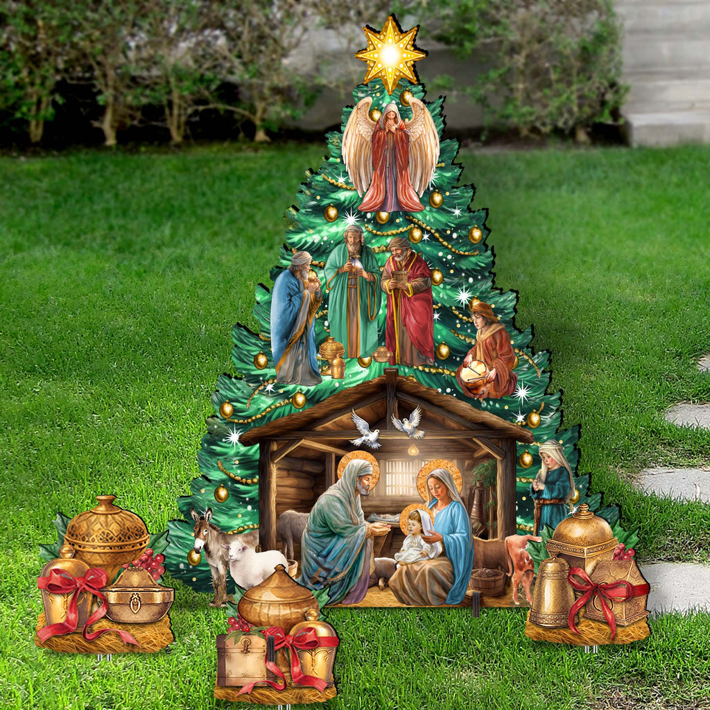 Nativity-Themed Christmas Tree Set Outdoor Indoor Décor Wooden Christmas Decoration by G. Debrekht Christmas Décor - 8191503-3F-G