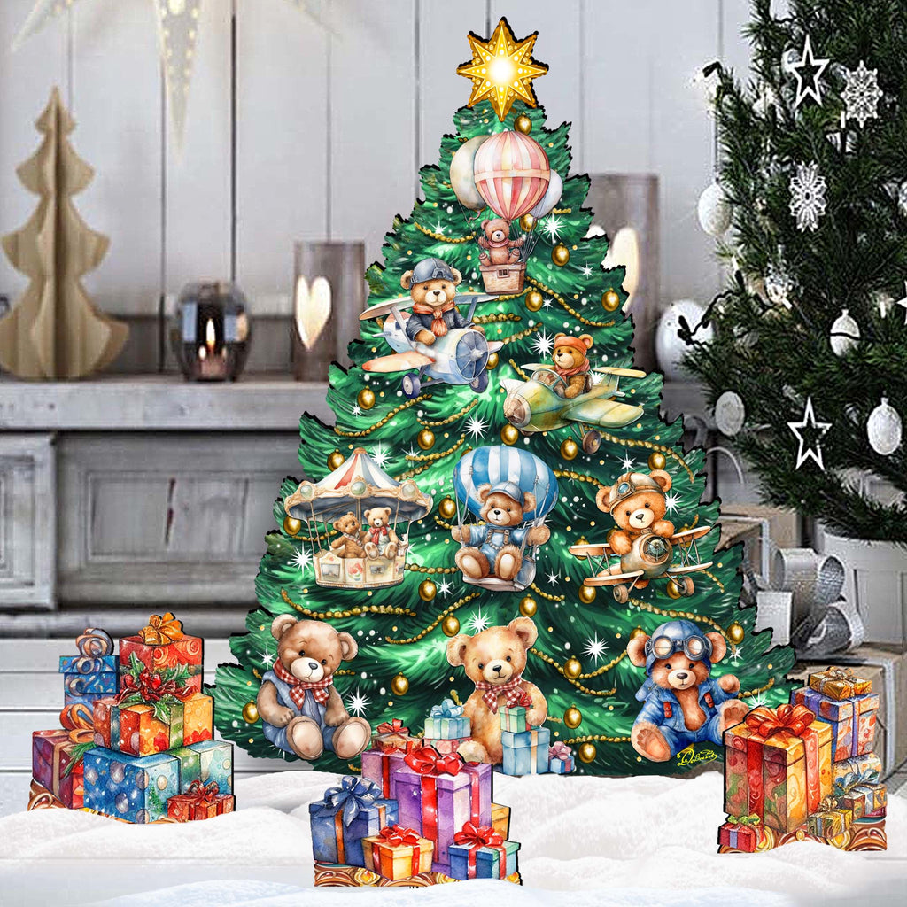 Teddy Bear-Themed Christmas Tree Set Outdoor Indoor Décor Wooden Christmas Decoration by G. Debrekht Christmas Décor - 8191508F-G