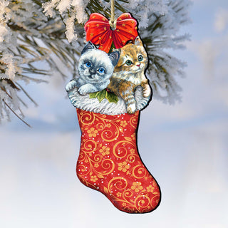Kitty Cats Christmas Stocking Wooden Ornaments by G. DeBrekht - Christmas Santa Snowman Decor - 8114021
