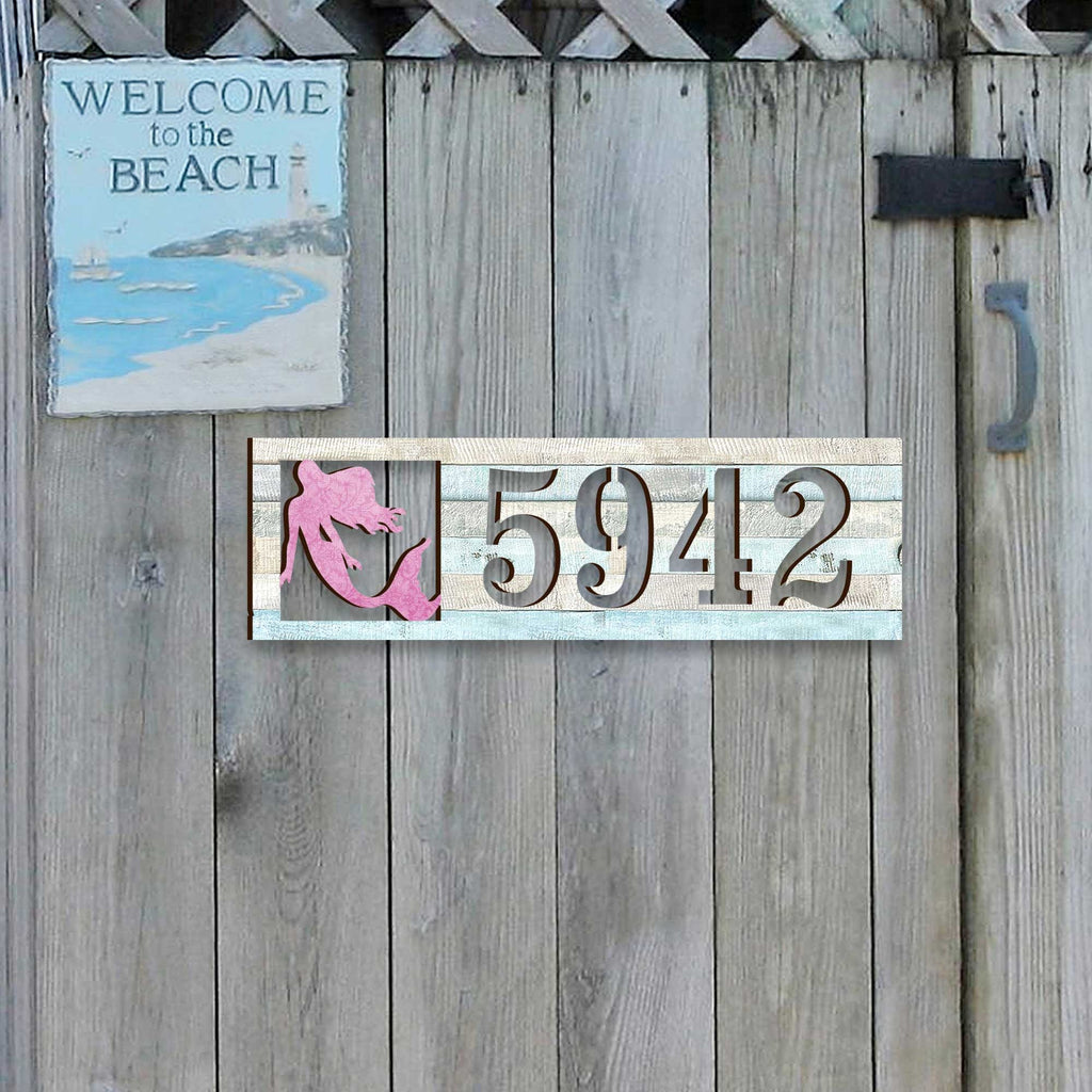 Coastal House Number Sign - Mermaid Wooden Address Plaque - Custom Home Handcrafted Wooden Address Sign MA989808