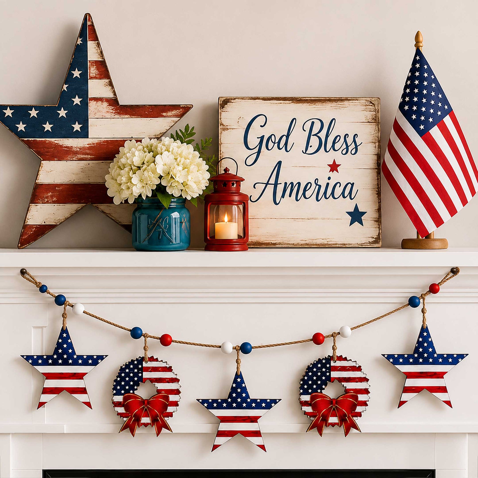 Handcrafted patriotic 250th anniversary ornaments by G.DeBrekht — heart, liberty bell, and shield designs made in the USA