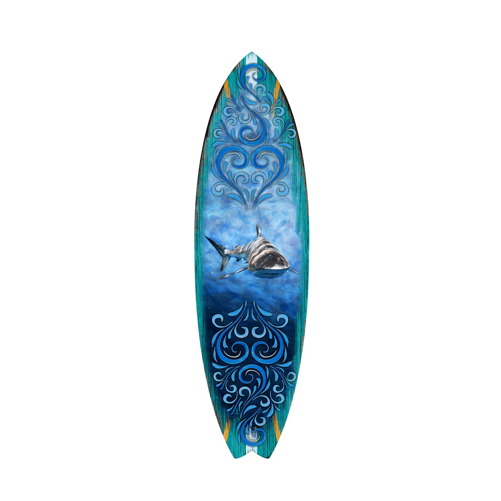 a surfboard with a blue and teal color scheme, adorned with a painting of a shark.