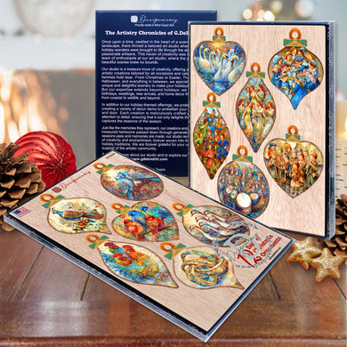 a collection of colorful and intricate Christmas ornaments displayed on a wooden surface, with pine cones and star-shaped decorations in the background.
