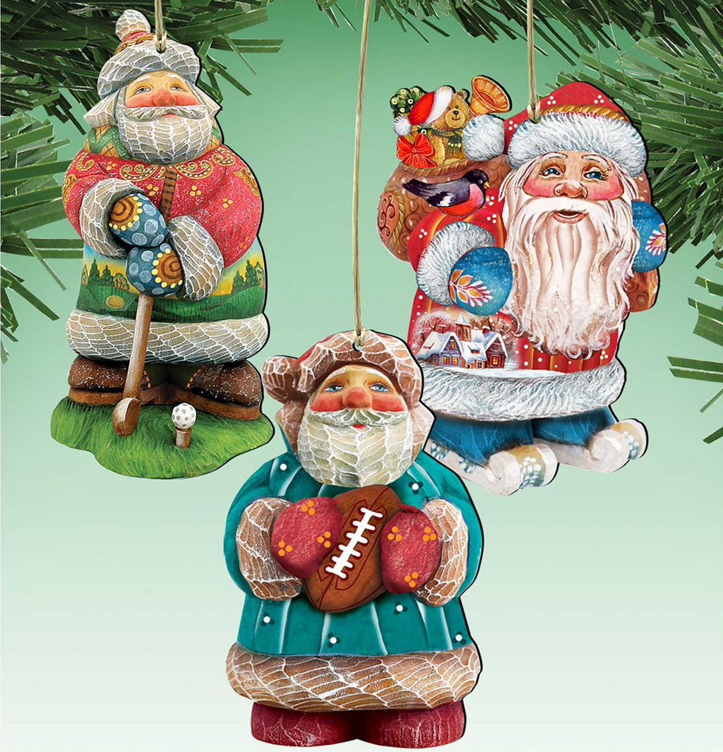 three colorful ornaments hanging on a tree branch, including Santa Claus, a football player, and a teddy bear.