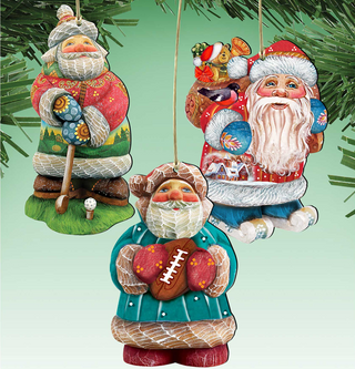 three colorful ornaments hanging on a tree branch, including Santa Claus, a football player, and a teddy bear.