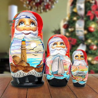 Lighthouse Santa Matreshka Nesting Hand-Painted Doll by G. DeBrekht - Coastal Holiday Decor - 147202