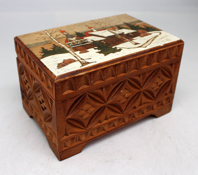 One-of-a-Kind Country Winter Wood Carved Jewelry Box 3.5