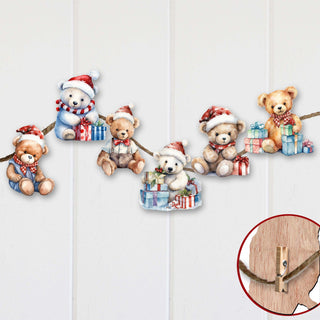 Christmas Teddy Bear Clip-On Eco Wood Decorative Ornaments Set of 6 by G. Debrekht - Christmas Decor - 8090011C-S6
