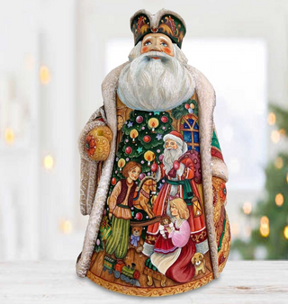 A detailed and colorful figurine of Santa Claus, with intricate patterns and designs, is displayed on a table.