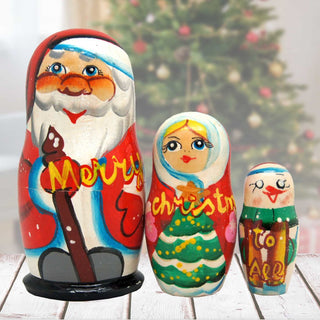 Merry Christmas Santa Family Matreshka Nesting Hand-Painted Dolls Set of 3 by G. DeBrekht - Christmas Santa Snowman Decor - 110161