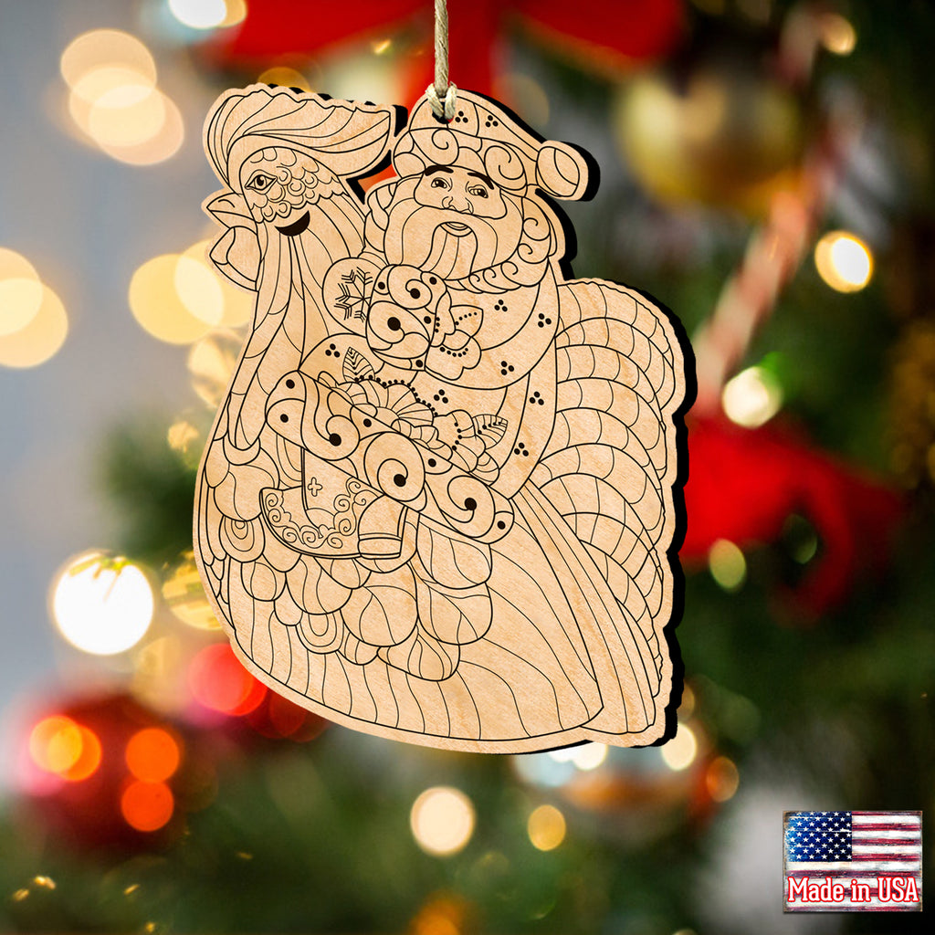A wooden ornament featuring a stylized illustration of Santa Claus riding a rooster, with a blurred background of Christmas lights and decorations.