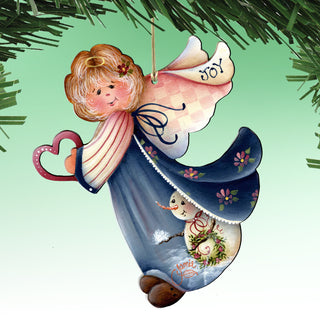 A hand-painted ornament depicting a smiling angel holding a heart and a snowman, with the word 