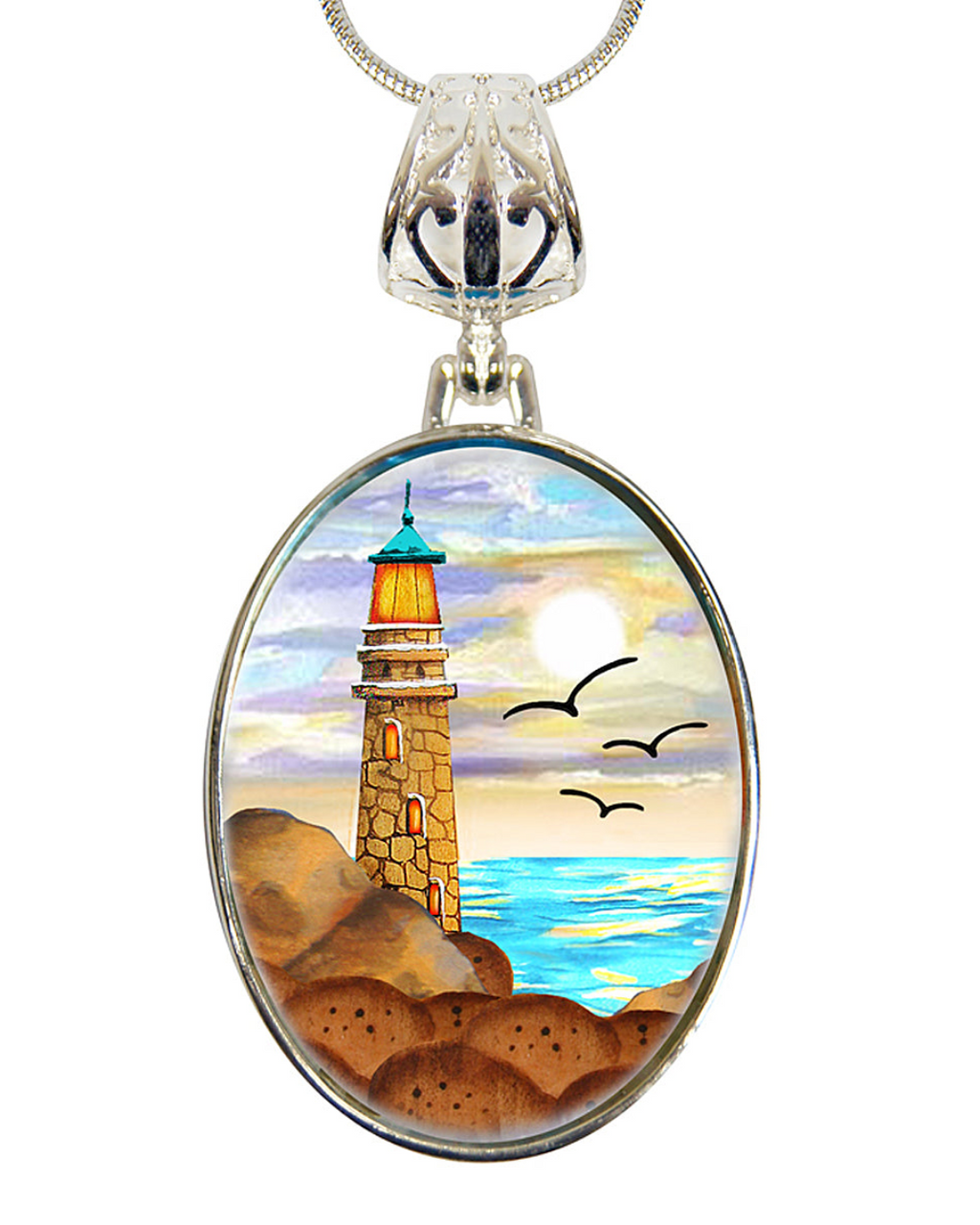 A necklace pendant featuring a lighthouse on a rocky coastline with a seascape and birds flying in the sky.